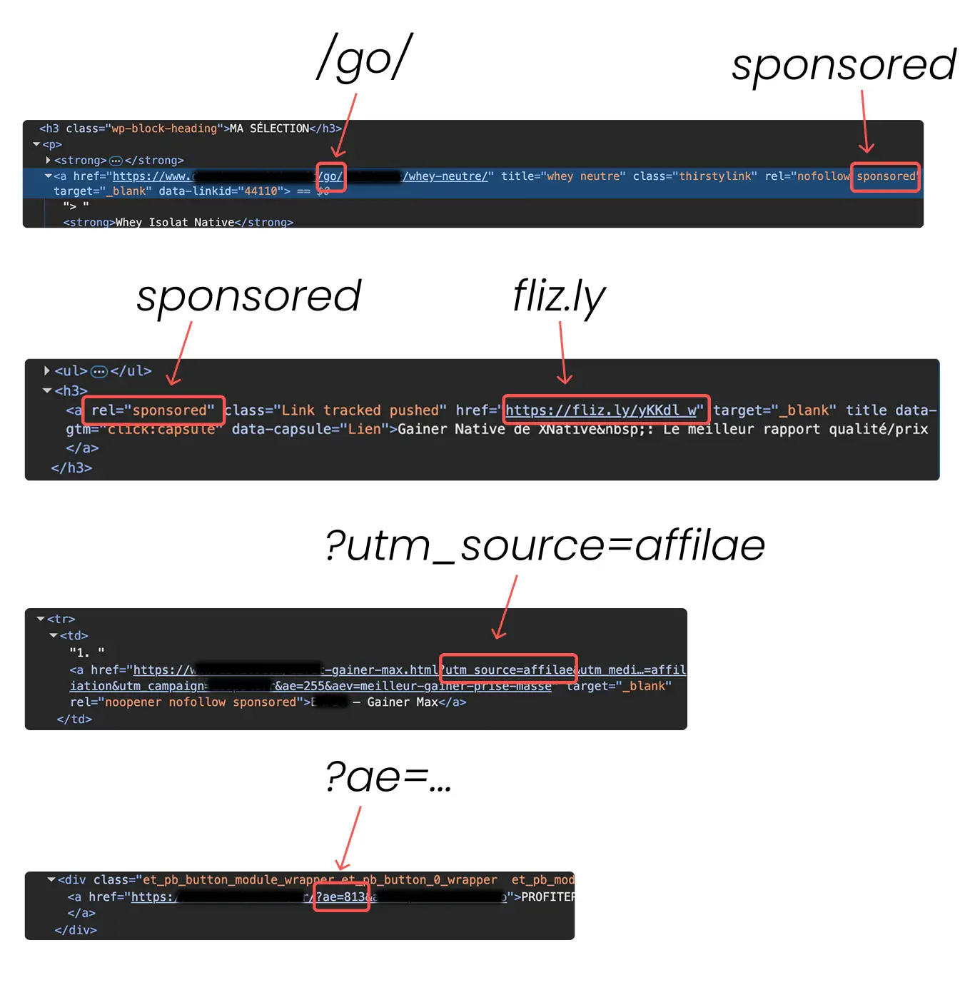 Screenshot von Tracking-Links und URL-Parametern, die auf Partnerschaften und Weiterleitungen für Ernährungsprodukte hinweisen.