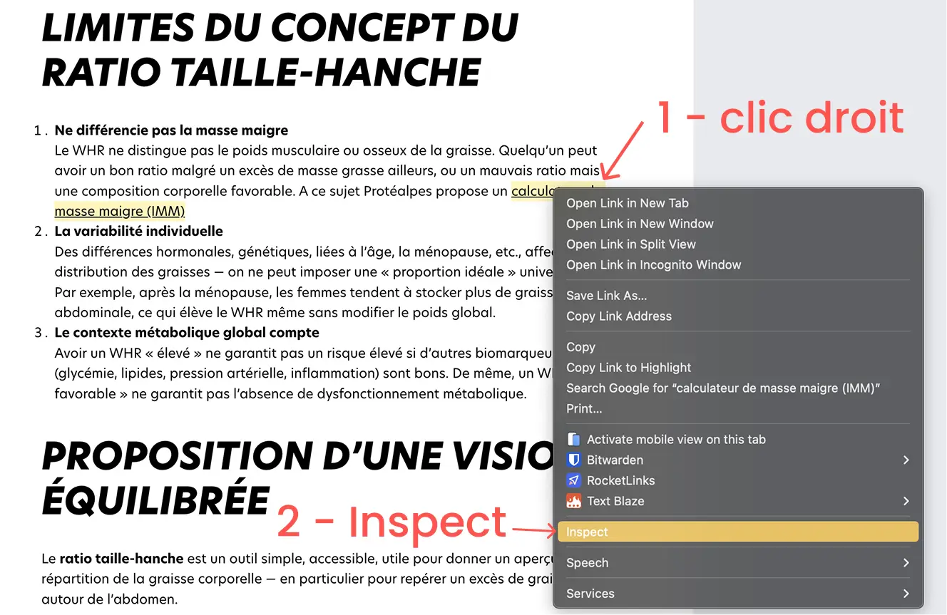 Text über die Grenzen des Taille-Hüft-Verhältnisses, mit Optionen zur Inspektion eines Links auf einer Website über Sporternährung.