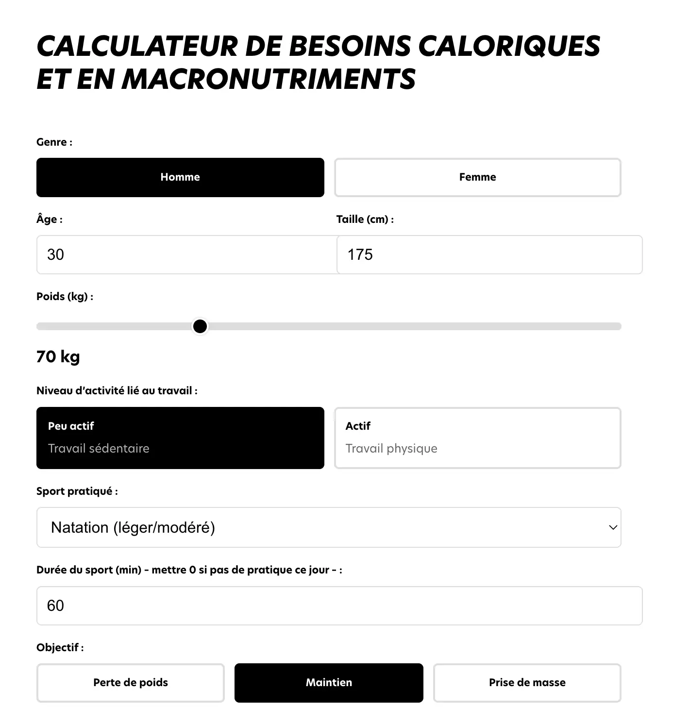 Calculateur pour déterminer les besoins caloriques et en macronutriments, adapté aux sportifs recherchant une nutrition naturelle.