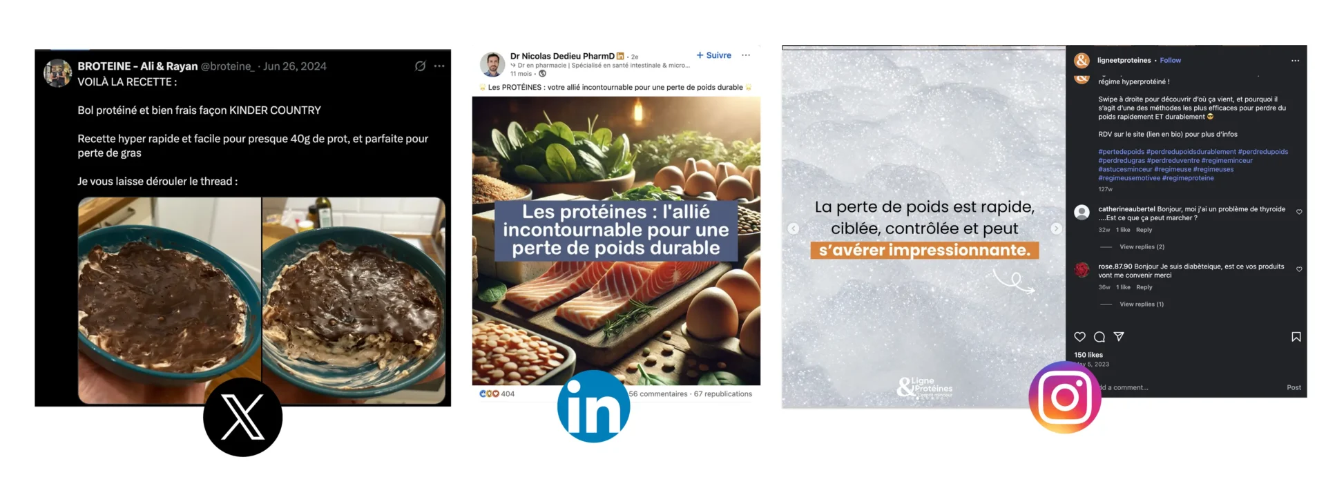 Quatre publications sur les réseaux sociaux vantant les régimes protéinés et la perte de poids durable.