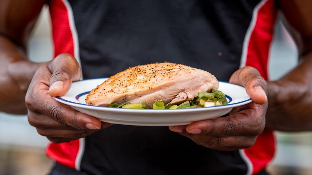 Plat sain de Protéalpes : poulet grillé sans additifs, garni de légumes verts. Nutrition sportive de qualité.