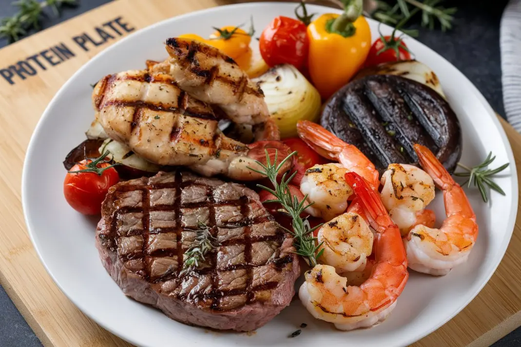 Protein-Teller mit gegrilltem Fleisch, Garnelen und frischem Gemüse. Sportlernahrung von Protéalpes, ohne Süßstoffe und Zusatzstoffe.