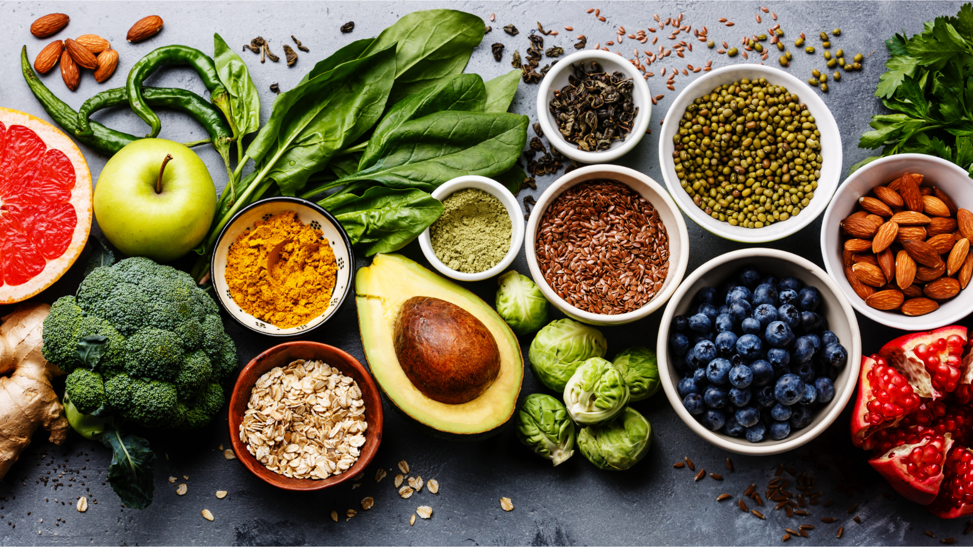 A colorful assortment of healthy, natural foods, reflecting Protéalpes&#039; sports nutrition without sweeteners or additives.