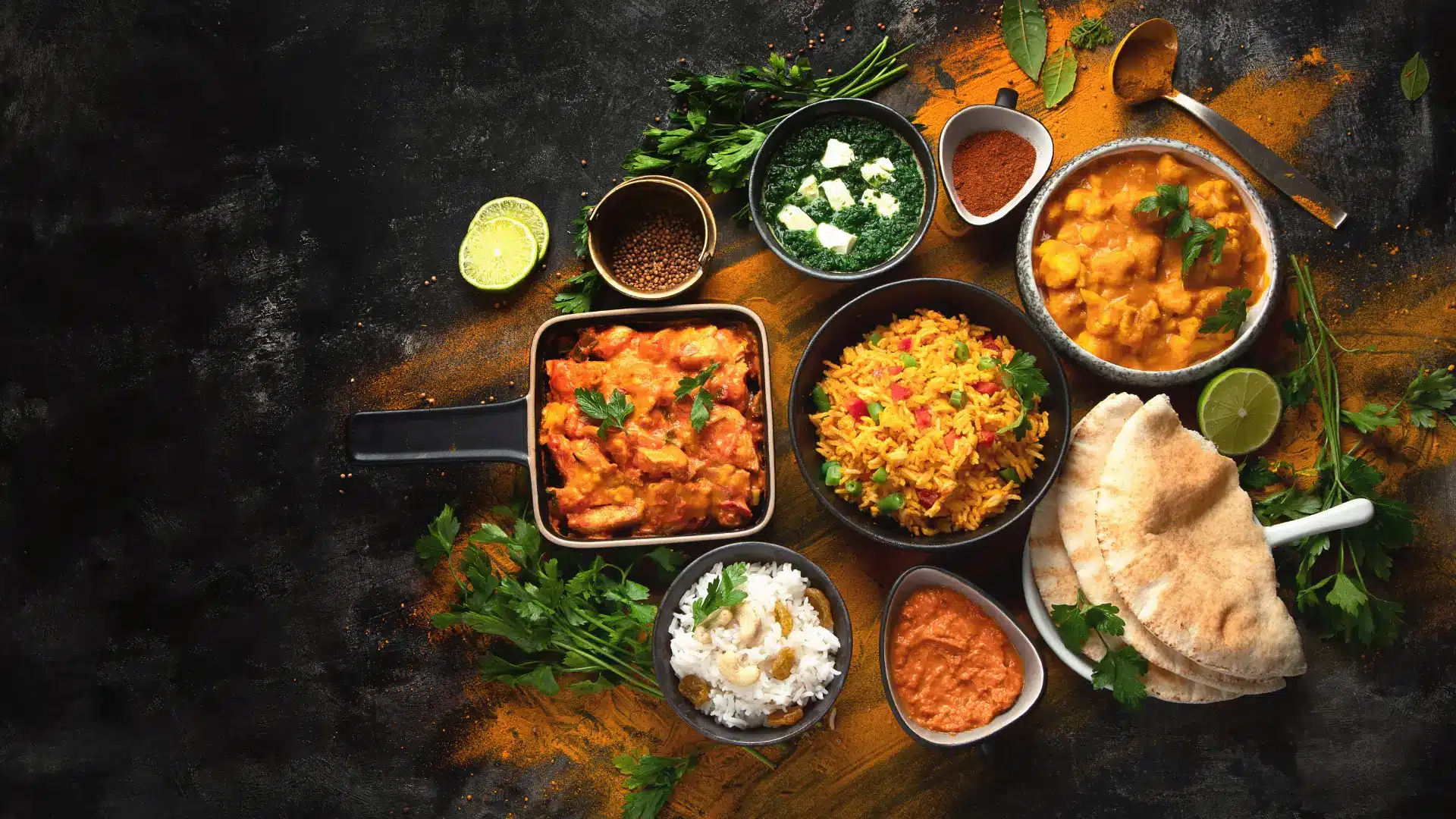 Colorful meal of vegetarian curry, spicy rice and naan, fresh and natural ingredients, ideal for quality sports nutrition.