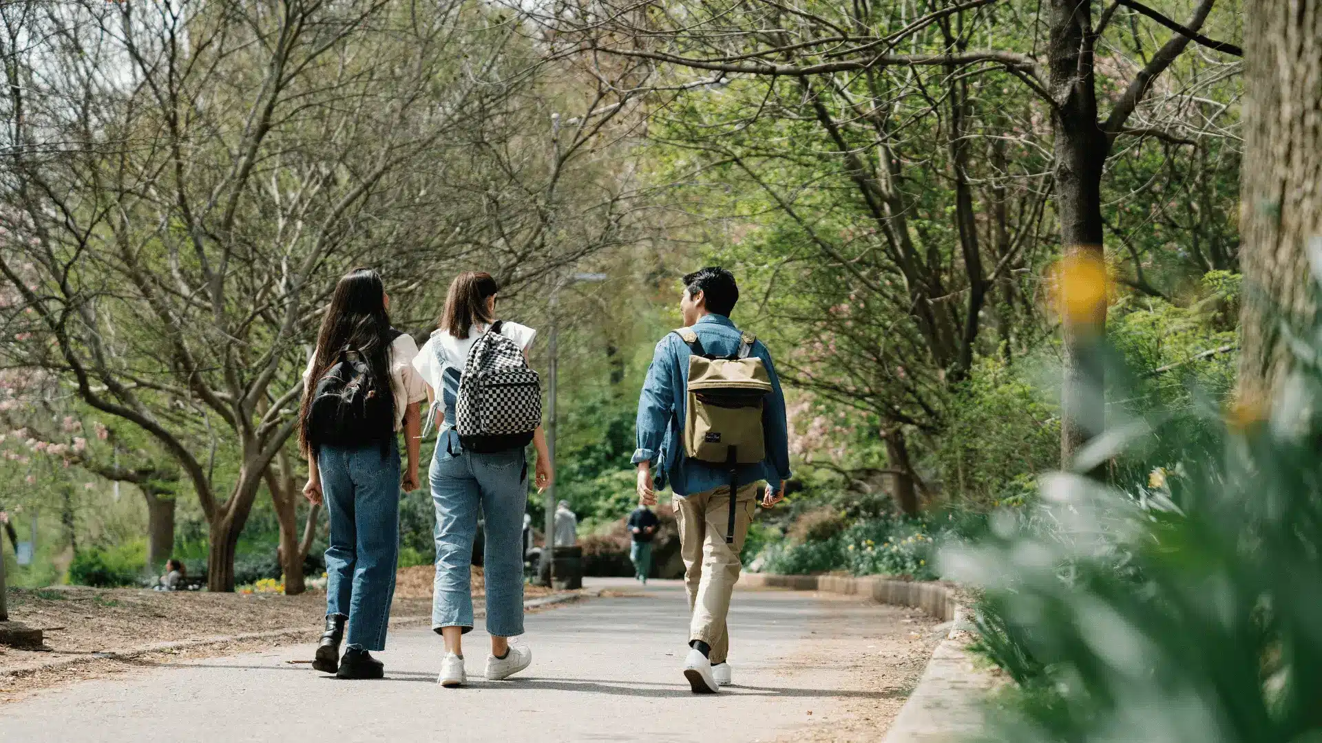 Trois personnes marchant dans un parc verdoyant, symbolisant une vie active et naturelle, alignée avec la nutrition pure Protéalpes.