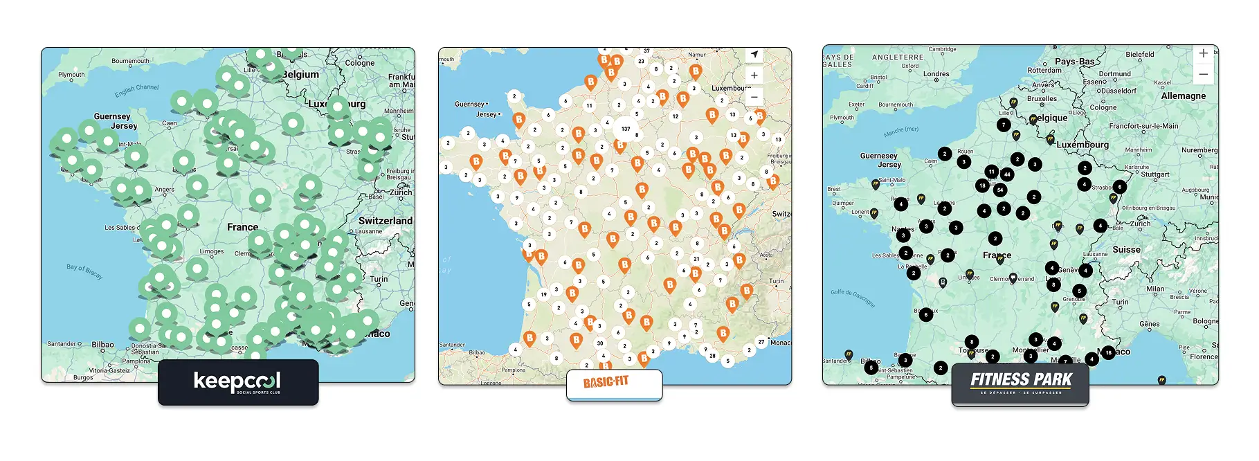 Map of KeepCool, Basic-Fit and Fitness Park gyms in France, for top-of-the-range sports nutrition.