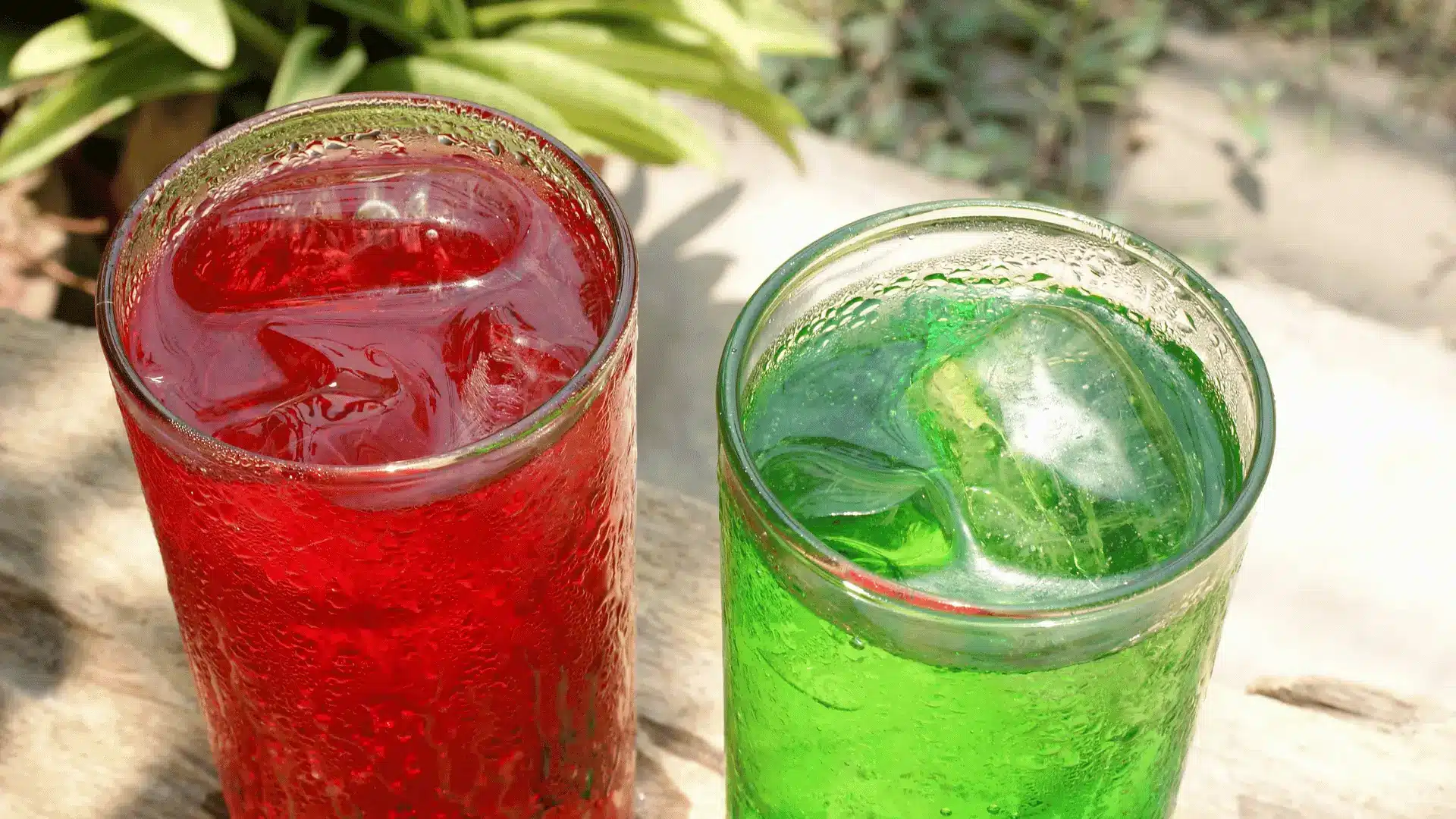 Zwei Gläser mit bunten Getränken und Eiswürfeln, die eine sommerliche Frische widerspiegeln. Protealpes: Sportnahrung pur.