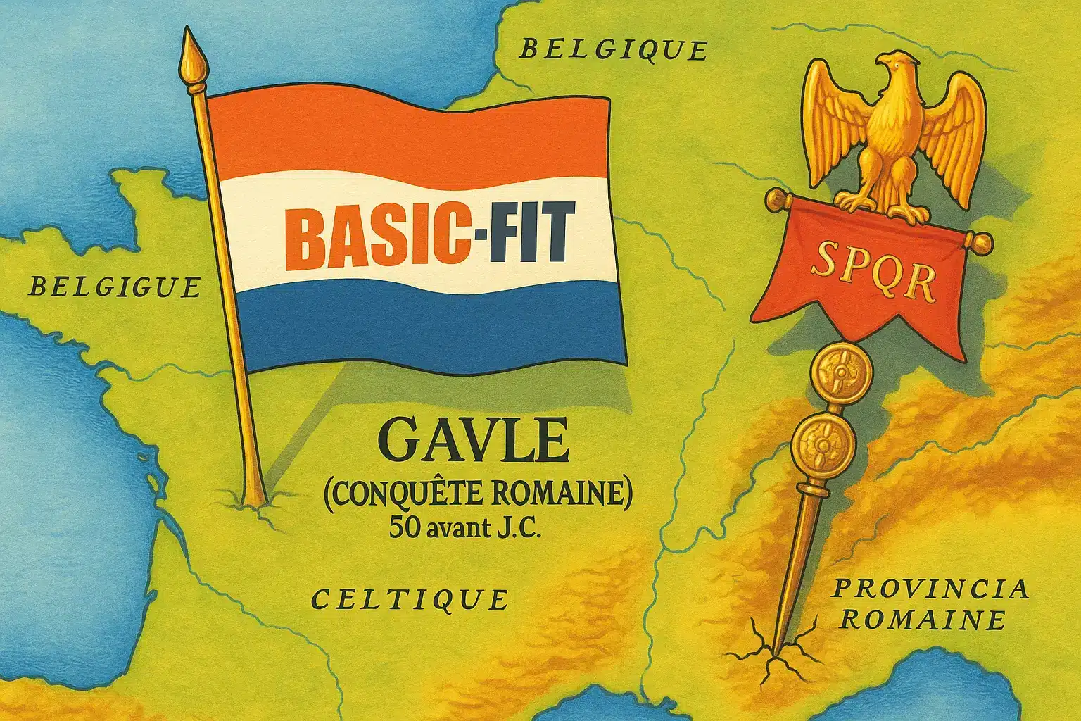 Humorous map showing Gaul with a Basic-Fit and SPQR flag. Historical context revisited in a playful way.