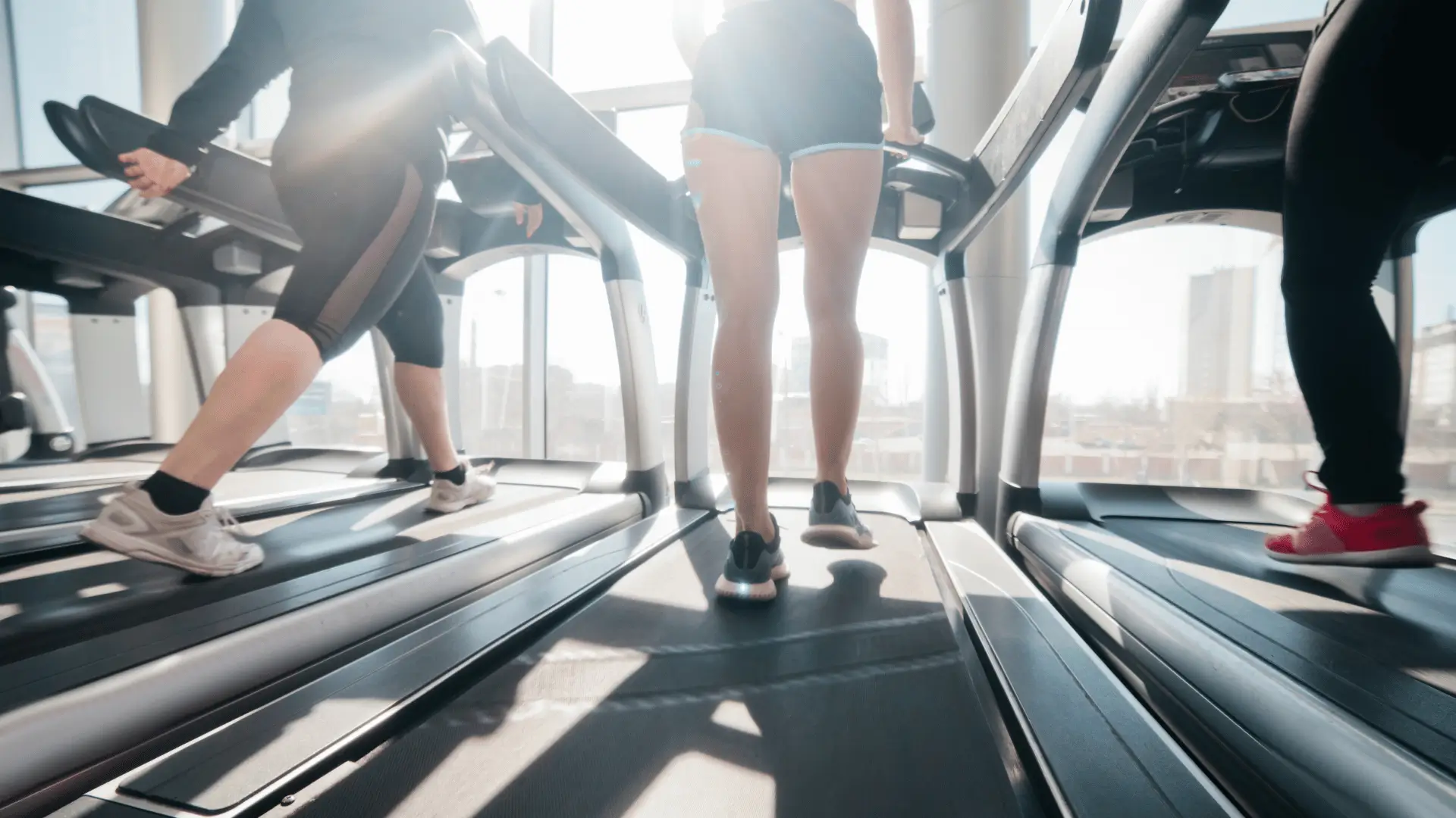 Personnes sur des tapis de course, symbolisant l'engagement Protéalpes : nutrition sportive de qualité sans édulcorants ni additifs.