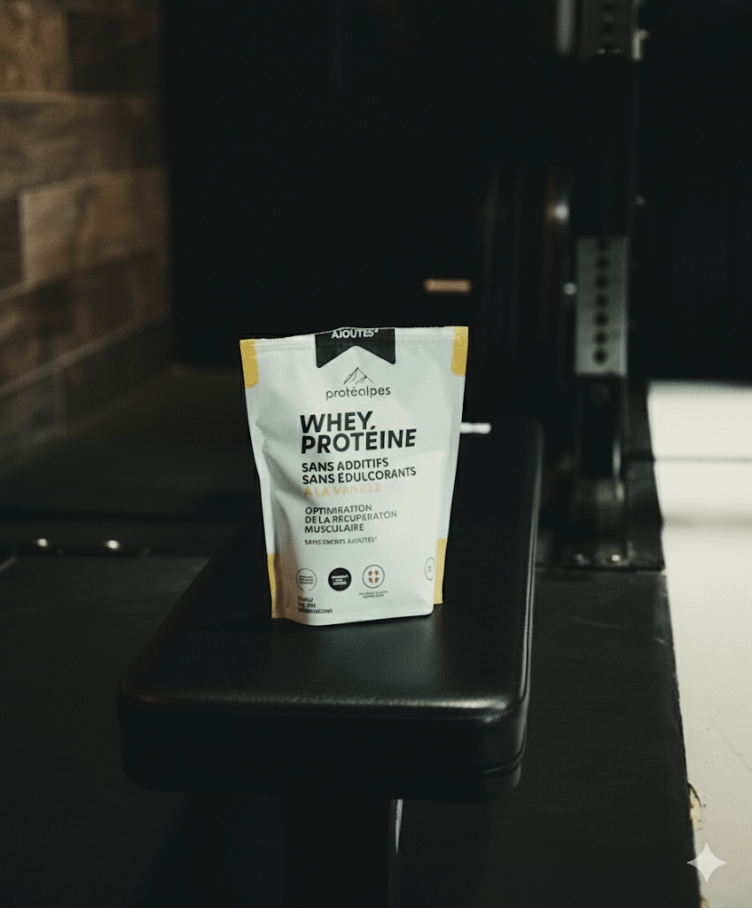 Paquet de whey protéine vanille Protéalpes, sans additifs ni édulcorants, sur un banc de gym.