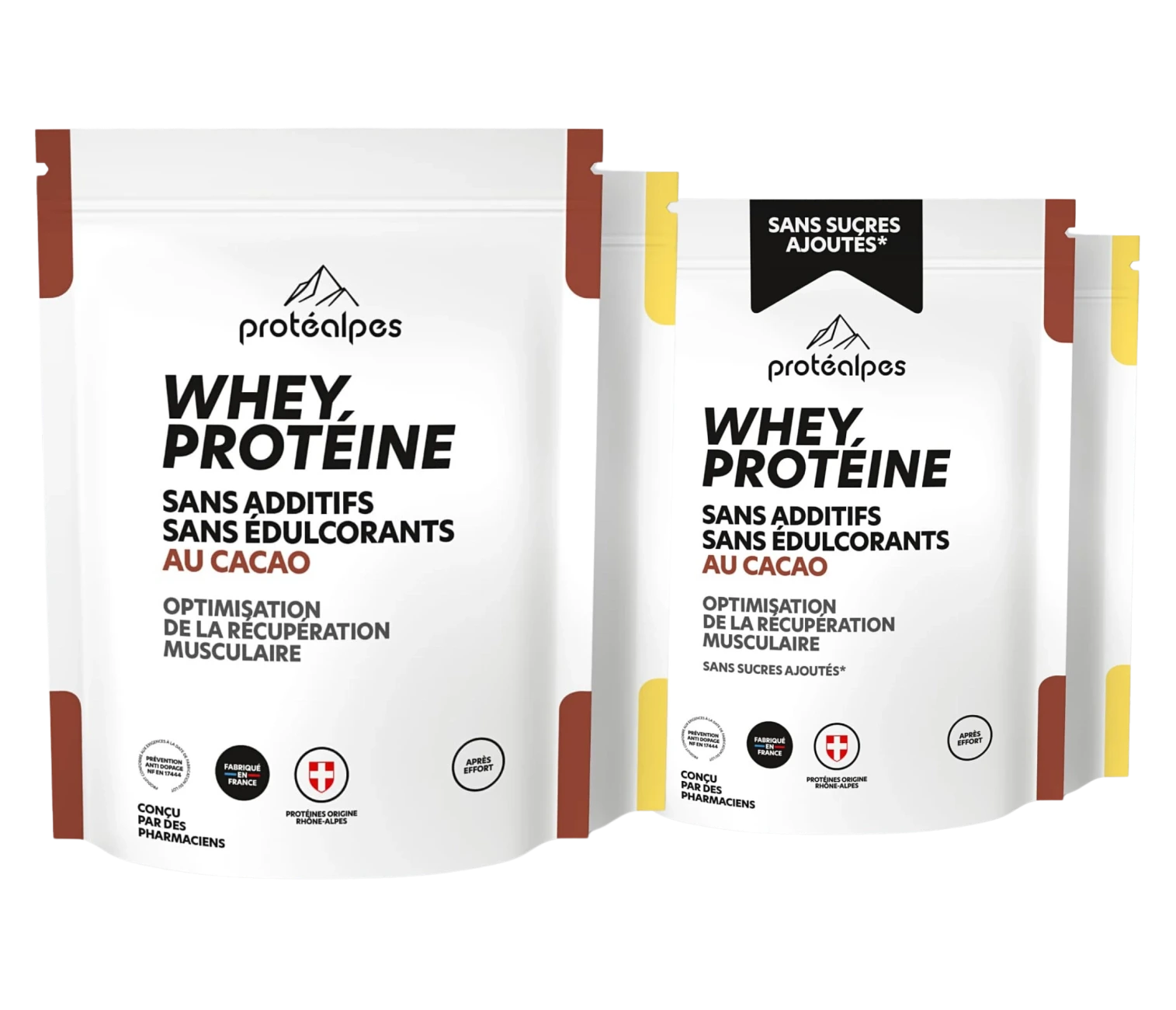 Protéalpes Whey Protéine au cacao, sans additifs ni édulcorants, optimise la récupération musculaire. Haute qualité garantie.