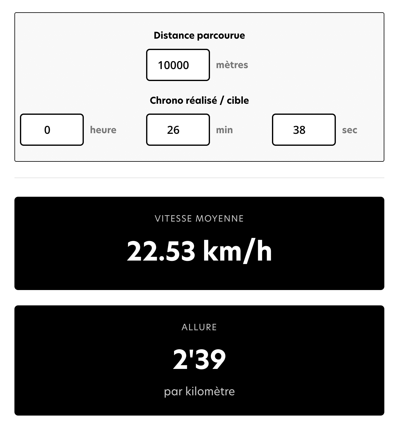 Laufergebnisse: 10 km in 26 Min. 38 Sek. Durchschnittsgeschwindigkeit: 22,53 km/h, Tempo: 2'39/km. Protéalpes: reine Sporternährung.