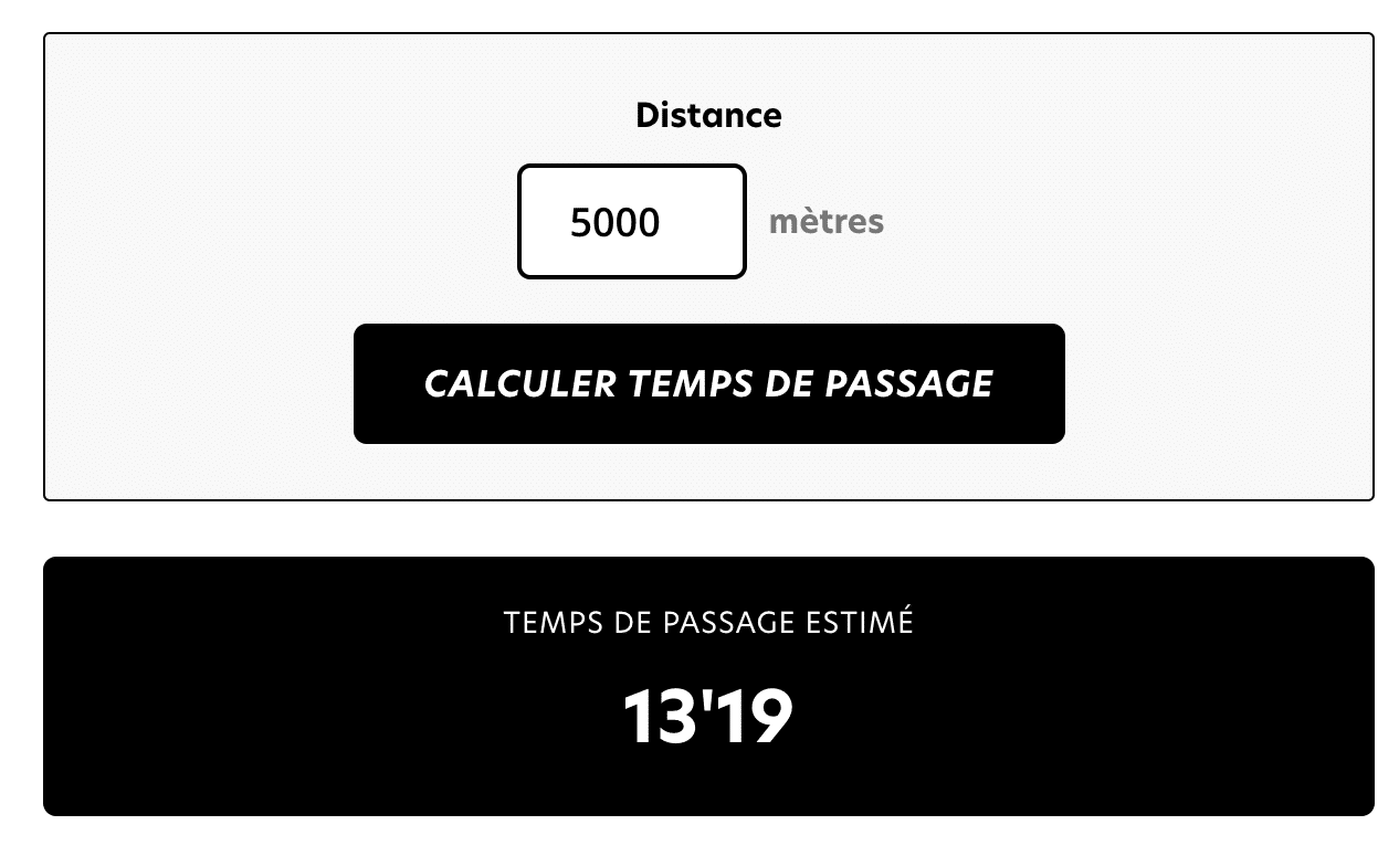 Rechner für die Laufzeit über 5000 m, Anzeige 13'19. Protéalpes-Tool zur Optimierung Ihres Sporttrainings.