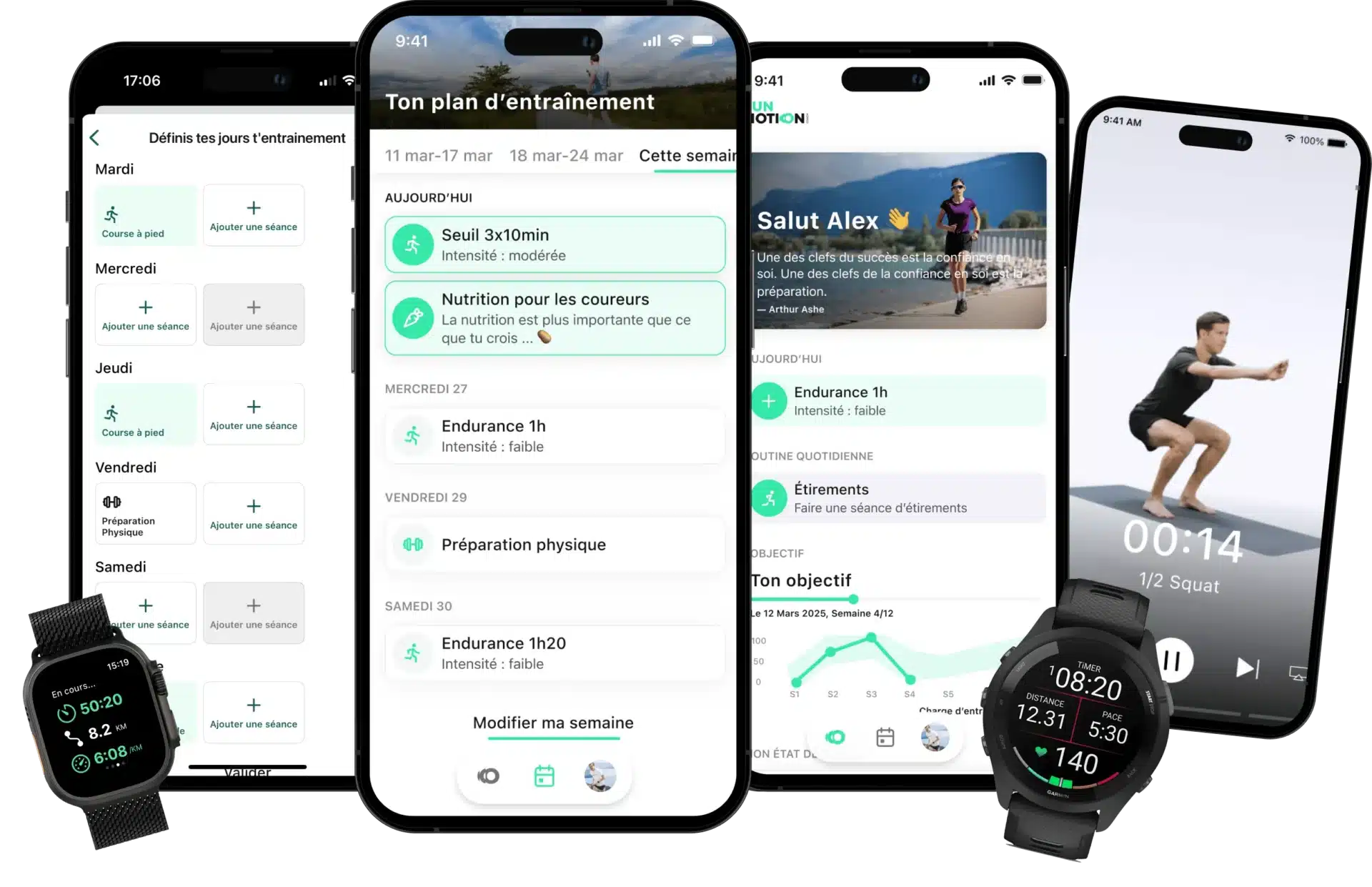 Sports apps displayed on smartphones and smartwatches, with training plans and nutrition tailored by Protéalpes.