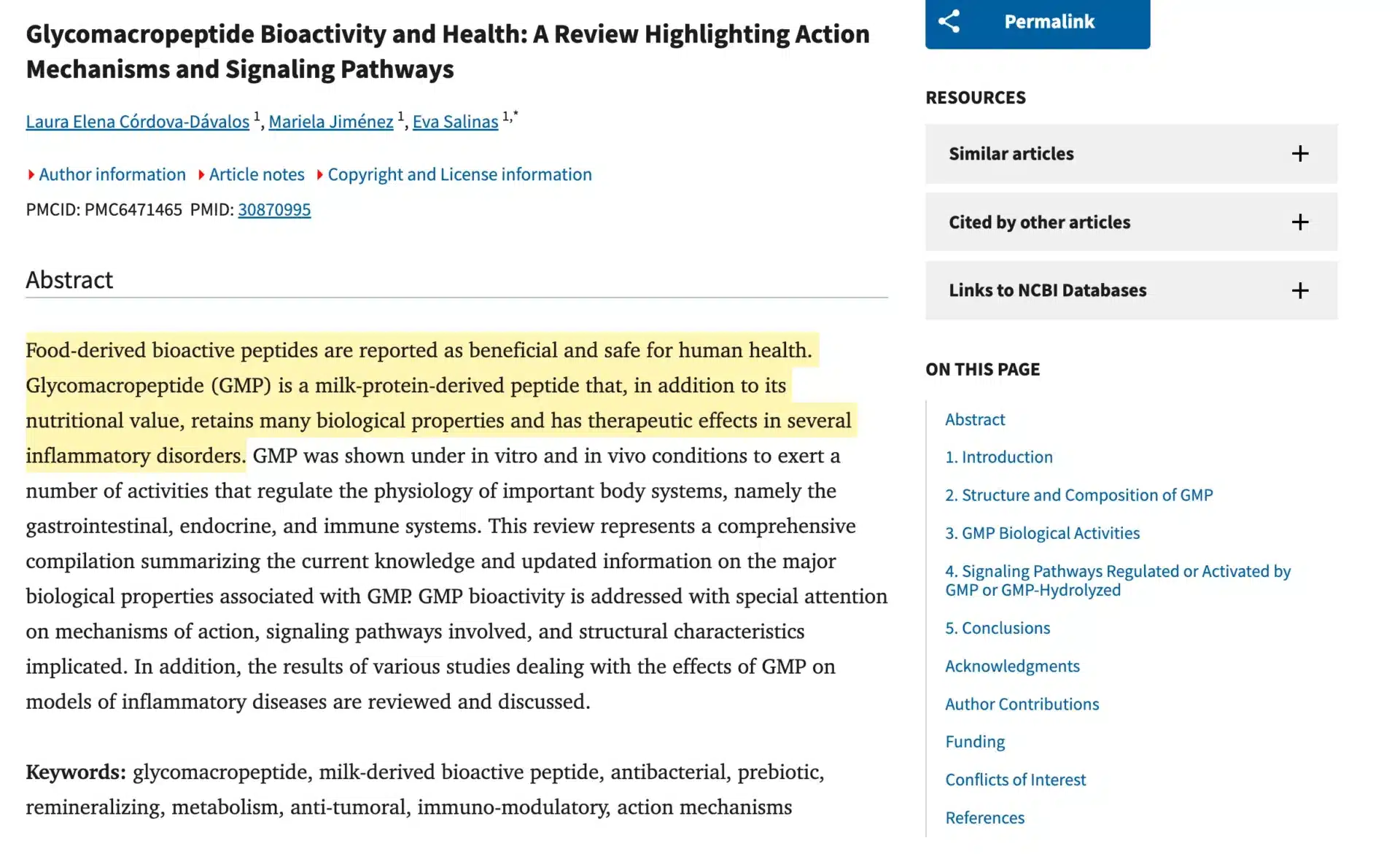 Scientific article on glycomacropeptides, bioactive compounds beneficial to health, with therapeutic potential against inflammation.
