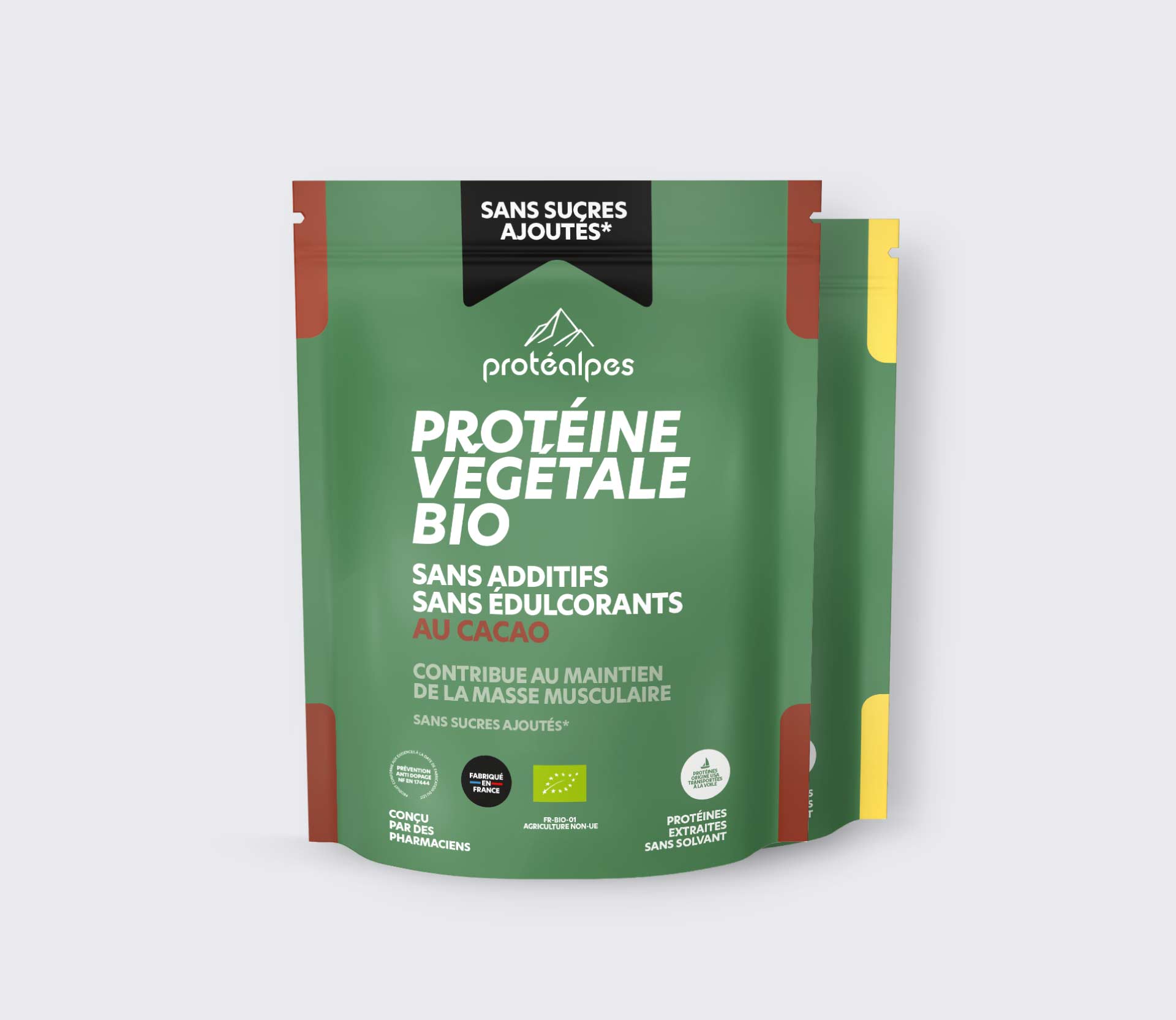 Poudre de protéine végétale bio au cacao, sans additifs ni édulcorants, pour soutenir la masse musculaire. Qualité Protéalpes.