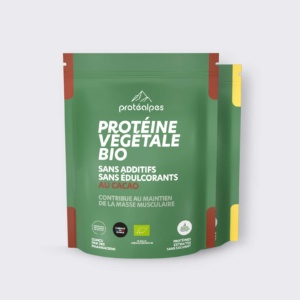 Bio-Pflanzenprotein von Protéalpes, ohne Zusatzstoffe und Süßstoffe, mit Kakao. Ideal, um die Muskelmasse auf natürliche Weise zu erhalten.