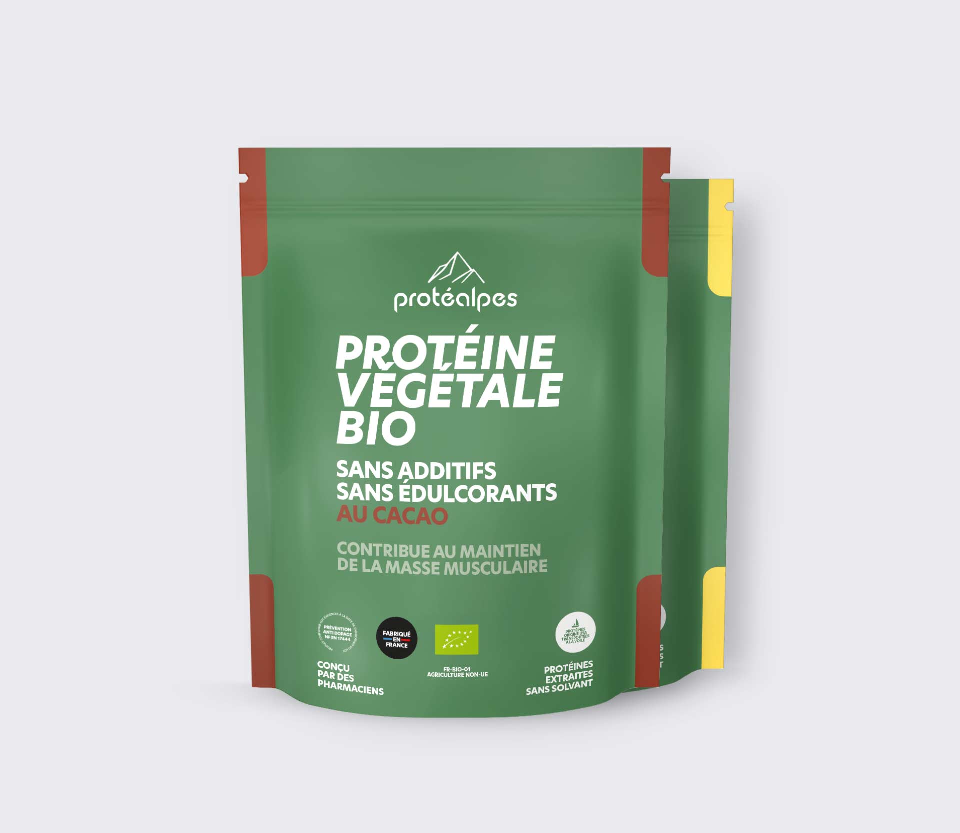 Protéine végétale bio Protéalpes, sans additifs ni édulcorants, au cacao. Idéale pour maintenir la masse musculaire naturellement.